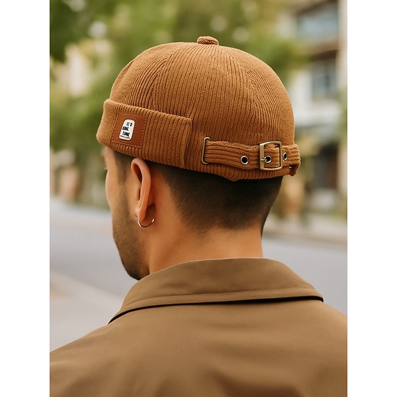 Men's Corduroy Brimless Beanie Hat, Retro Docker Cap with Adjustable Strap, Casual Streetwear Skullcap for Fall and Winter2