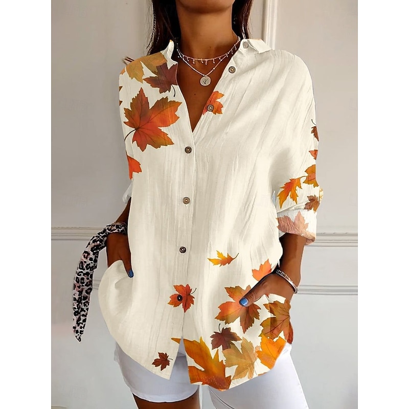 Women's Shirt Graphic Leaf Elegant Vintage Daily Long Sleeve Bishop Sleeve Shirt Collar Regular Tops Daily Holiday Print Yellow Red Blue Purple Summer Fall Winter