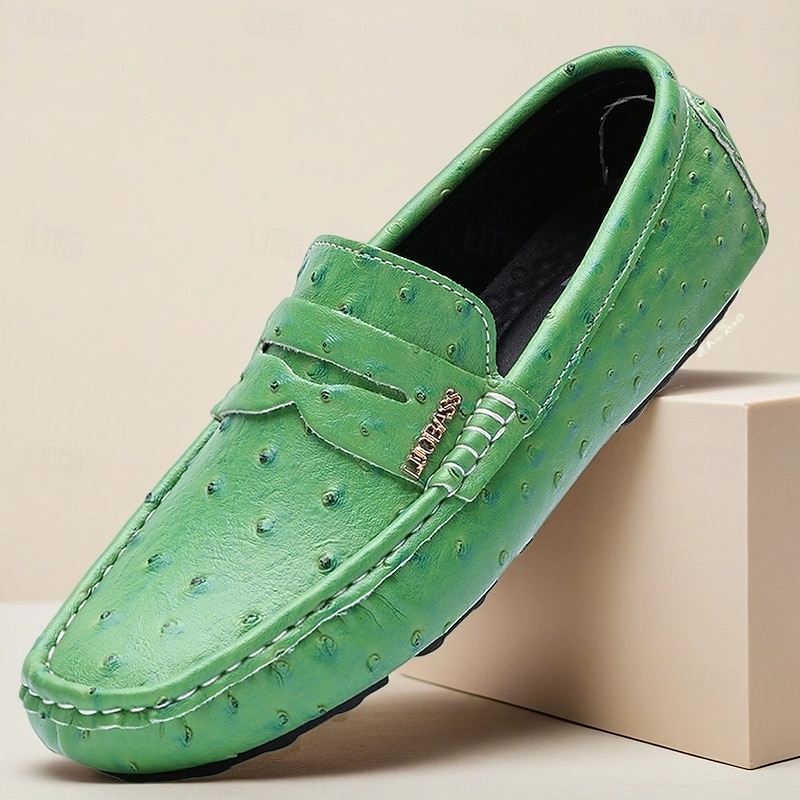 Men's Green Ostrich Print Moccasins – Stylish Faux Ostrich Leather Slip-On Shoes, Comfortable Daily Footwear for Casual Outings and Summer Wear