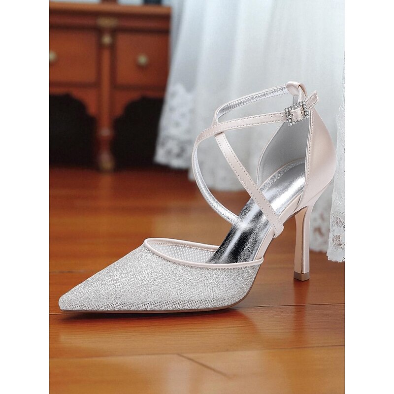 Women's Silver Glitter Ankle Strap Stiletto Heels - Elegant Cross Strap Pointed Toe Dress Shoes for Weddings, Cocktail Parties and Formal Occasions4