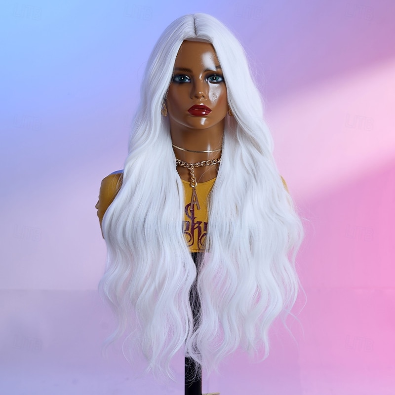 Synthetic Lace Wig Curly Style 28 inch White Middle Part U Part Wig Women's Wig White2