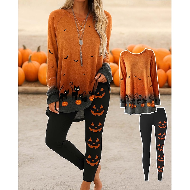 Halloween Women's Two Pieces T shirt Legging Long Sleeve Crew Neck Long Tops Graphic Long Pants Pumpkin Vintage Stylish Casual Daily Print Black Orange Spring Fall Prefall
