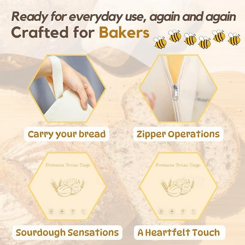 Wide Zipper Access Cotton & Beeswax Bread Bags for Sourdough Reusable Beeswax Food Storage Bags Extra Large and Portable Cotton Food Storage Bag for Home Bakers to Keep Fresh4