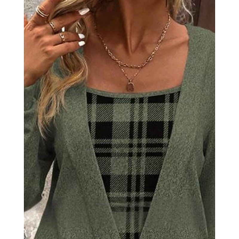 Women's Shirt Blouse Plaid Stylish Basic Casual Long Sleeve Square Neck Regular Tops Daily Holiday Patchwork Print Green Spring Fall Winter2