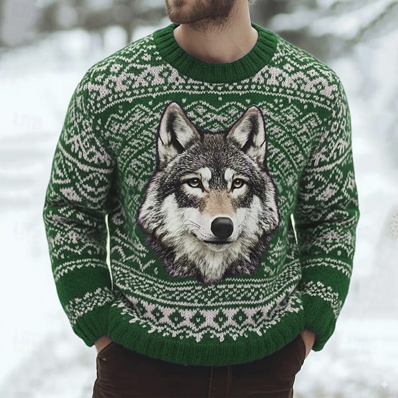 Men's Wolf Fair isle Sweater Pullover Sweater Jumper Knitwear Crewneck Casual Vacation Daily 3D Print Keep Warm Long Sleeve Spring Fall Winter Blue Purple Brown3