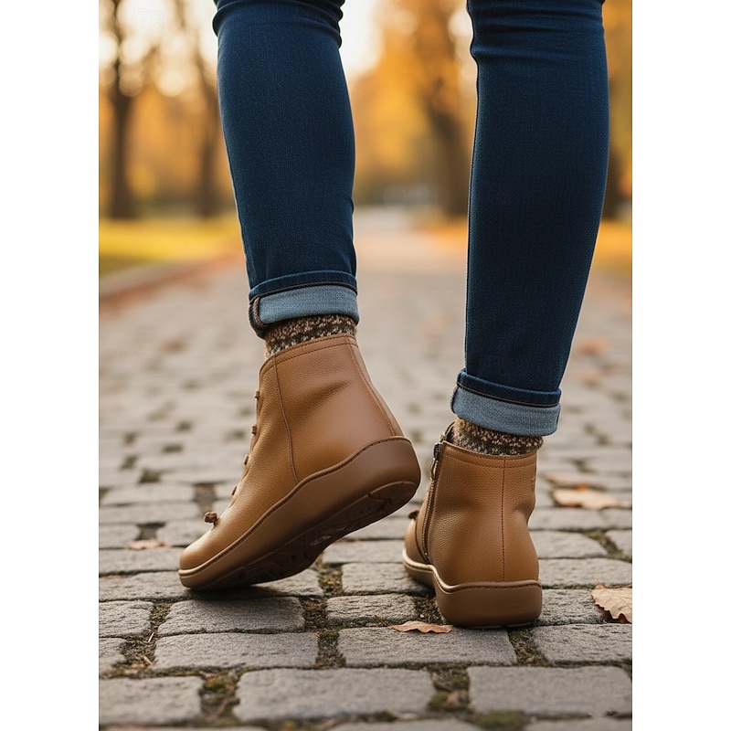 Women's Brown Leather Casual Ankle Boots with Zipper and Lace-Up Design - Comfortable and Lightweight for Everyday Wear2