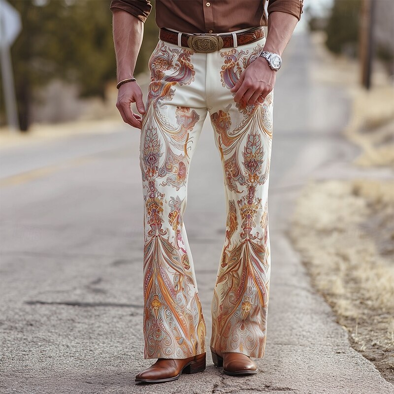 Men's Floral Print Flowers Disco Pants 60s 70s Bell Bottoms Mid Waist Western Vintage Retro Outdoor Vacation Party Side Pockets Flared Leg Pants Trousers Spring Fall 3D Print Blue Purple Beige