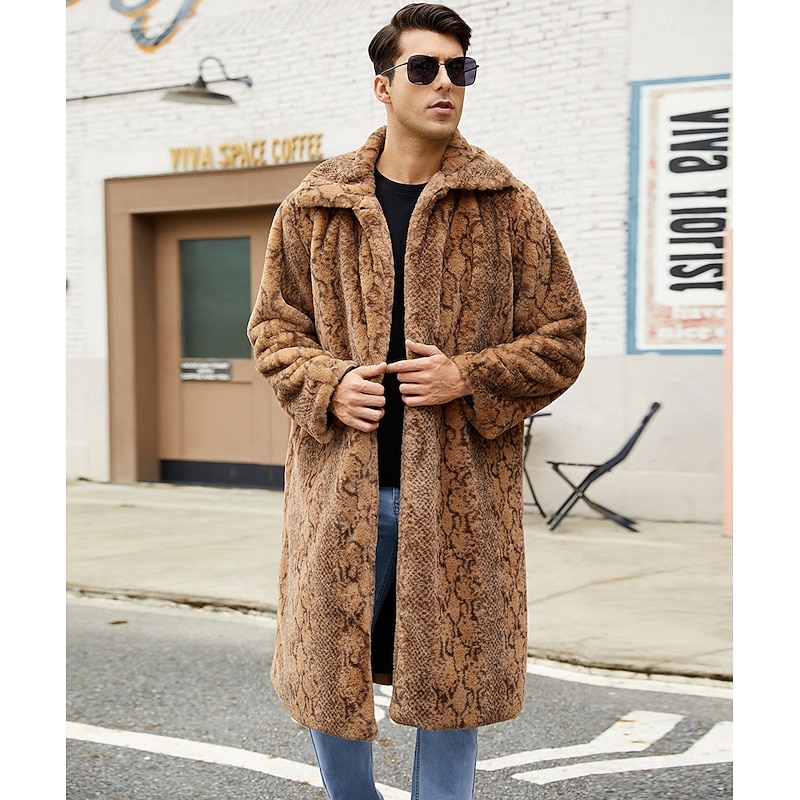 Men's Winter Coat Fur Coat Trench Coat Vacation Casual Winter Polyester Soft Outdoor Outerwear Clothing Apparel Warm Ups Comfort Leopard Pocket Lapel