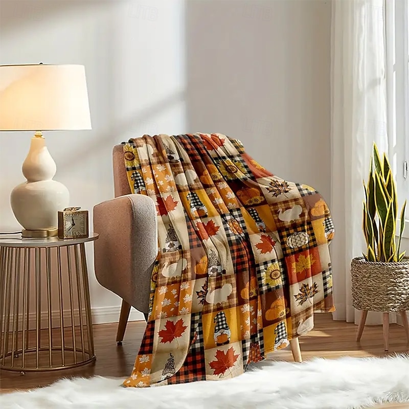 Halloween Fleece Throw Blanket for Couch Pumpkin Plaid Rustic Cottagecore Party Sofa Bed Decorative Warm Blanket Home Decor4