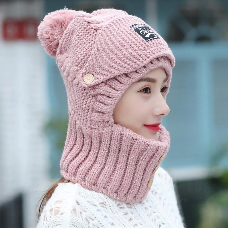 Knitted Hat With Ear Protectors Women Winter Warm Fleece Lined Beanie Scarf Set Thickened Knit Hat Detachable Face Mask Outdoor Cycling Cold Weather Accessories3