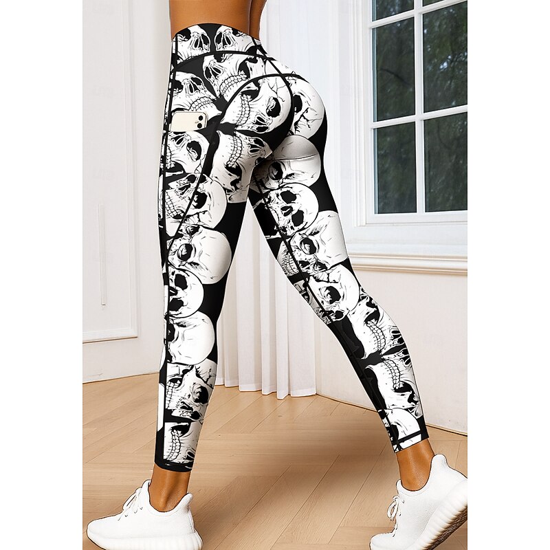 Women's Unisex pilates leggings fitness pants Gym Leggings Pockets Stamp Duty Side Pockets Pilates Gym Gym Workout Pants Tights Leggings Skull Halloween Black-White Sports Activewear Stretchy Tight