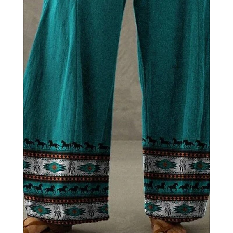 Women's Wide Leg Pants Trousers Vacation Vintage Ethnic Style Full Length High Waist Graphic Pocket Elastic Waistband Print Comfy Breathability Inelastic Vacation Casual Daily Peacock Blue Summer3