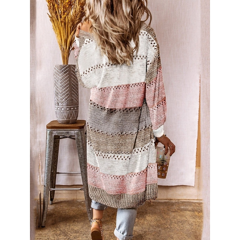 Women's Sweater Cardigan Elegant Fashion Streetwear Striped Open Front Pocket Knitted Long Sleeve Long Tops Knit Outdoor Daily Weekend Black Wine Spring Fall4