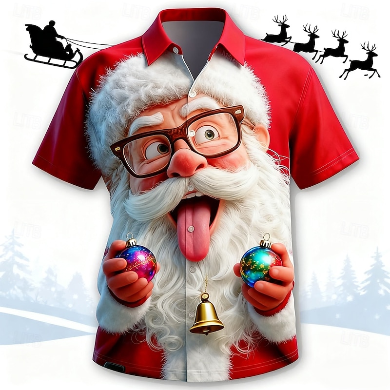 Christmas Men's Santa Claus Human face funny christmas Shirt Button Up Shirt Short Sleeve Funny Outdoor Holiday Summer Spring Turndown 3D Print Collared Shirts Red 1 Red 4 Red 3 Light Red Red2