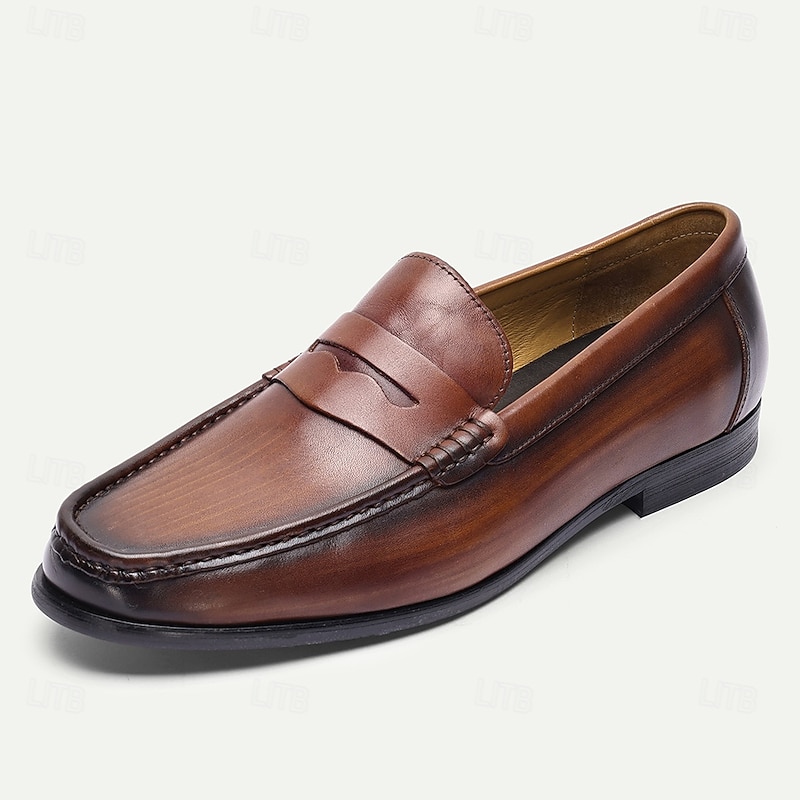 Men's Brown Leather Penny Loafers Slip-On Shoes with Classic Moc Toe Design, Business Formal Dress Style for Office Professionals and Wedding Occasions2