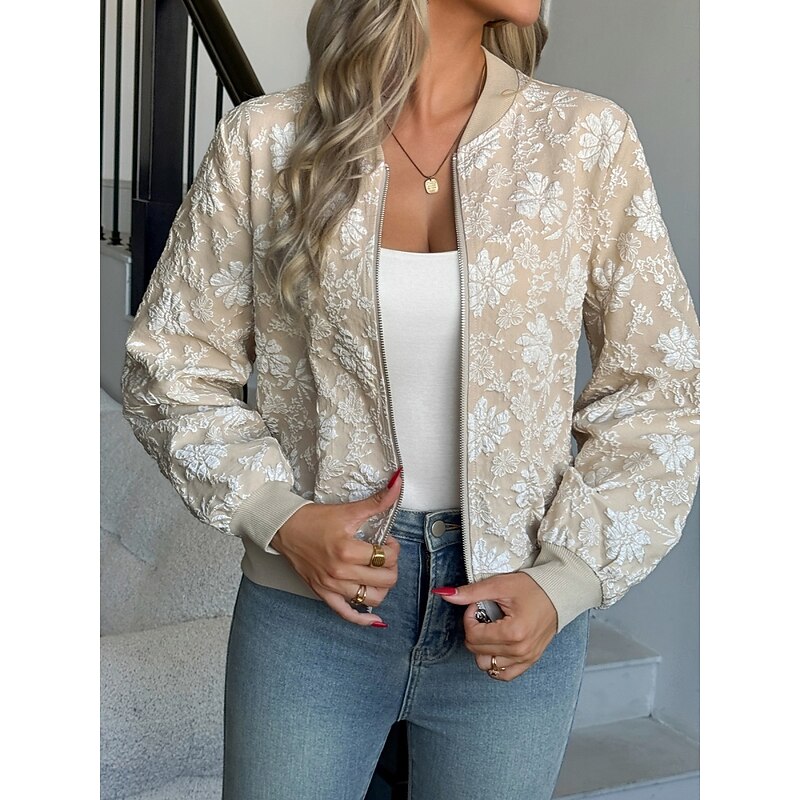 Women's Bomber Jacket Casual Jacket Comfortable Breathable Zipper Elegant Casual Floral Vacation Street Casual Daily Wear Zipper Short Stand Collar Regular Fit Long Sleeve Outerwear Khaki Spring Fall3
