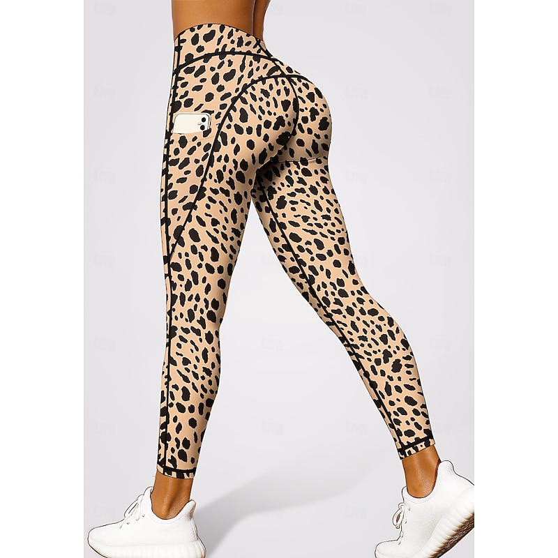 Women's pilates leggings fitness pants Gym Leggings Pockets Stamp Duty Side Pockets Pilates Gym Gym Workout Pants Tights Leggings Leopard Print Brown Sports Activewear Stretchy Tight Fit