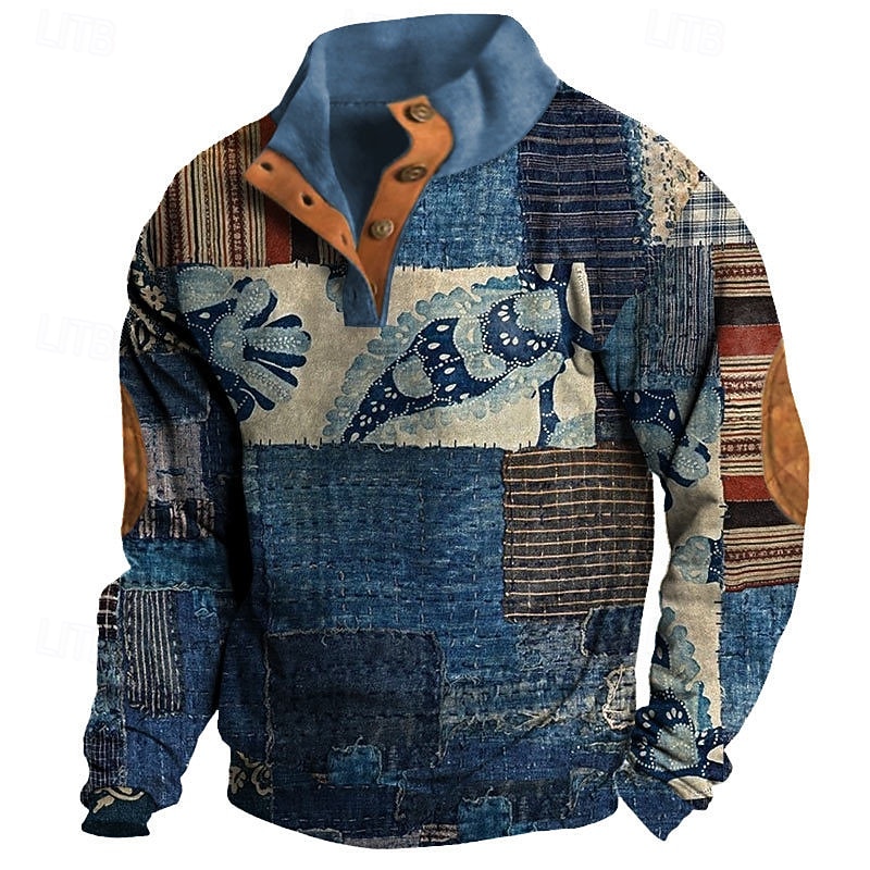 Men's Boho Paisley Damask Flower / Plants Sweatshirt Sweatshirts Long Sleeve Sweatshirt Henley Graphic Print Holiday Going out Festival Buckle Print Fall Winter