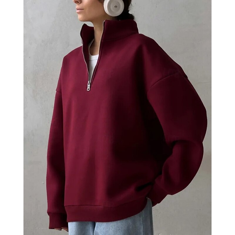 Women's Pullover Sweatshirts Zip Up Sweatshirts Plain Sports Fashion Casual Long Sleeve High Neck Regular Tops Street Dailywear Going out Half Zipper Quarter Zipper Zipper Wine Fall Winter3