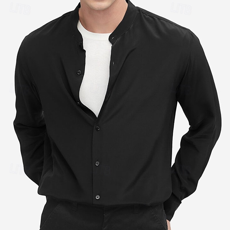 Men's Shirt Band Collar Shirt Satin Shirt Dress Shirt Casual Shirt Plain Formal Streetwear Black Navy Blue Gray Long Sleeve Mandarin Collar All Seasons Clothing Apparel