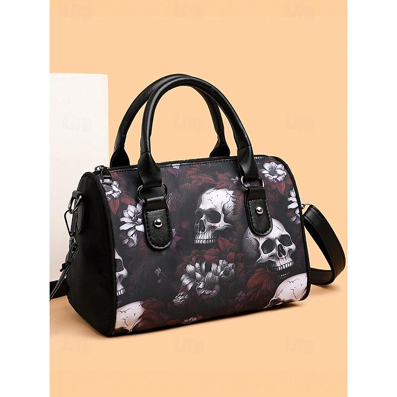Women's Halloween Skull Print Handbag – Gothic Faux Leather Top Handle Shoulder Bag for Casual, Party and Holiday Outfits