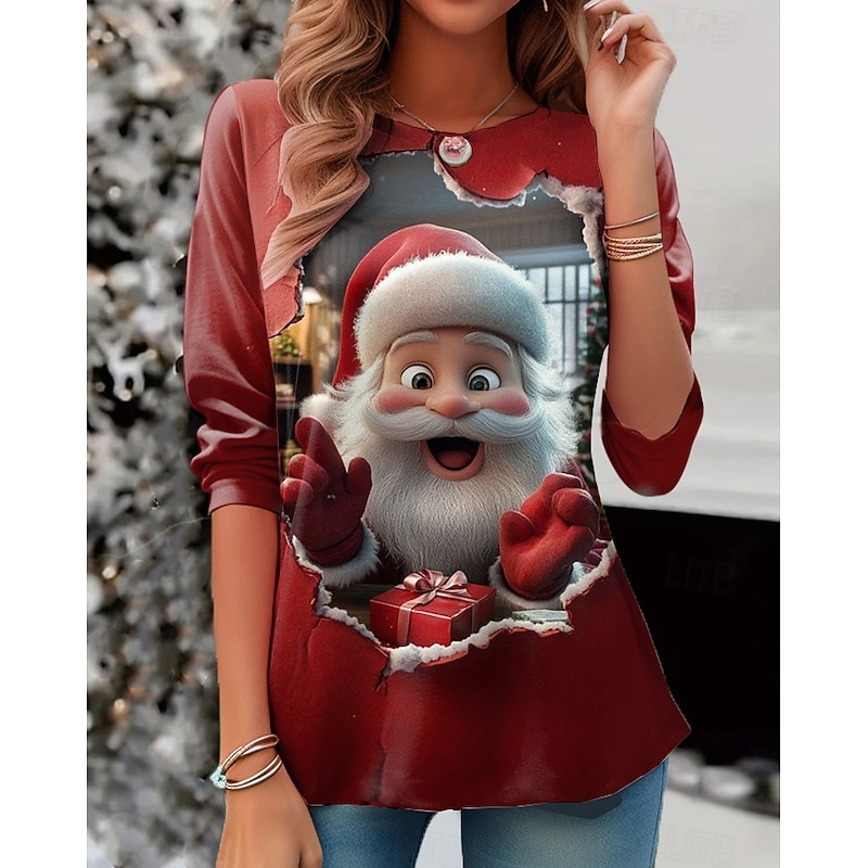 Christmas Women's T Shirt Santa Claus Snowflake Vintage Stylish Classic Long Sleeve Crew Neck Round Neck Regular Tops Weekend Print Red Light Grey Dark Gray Winter