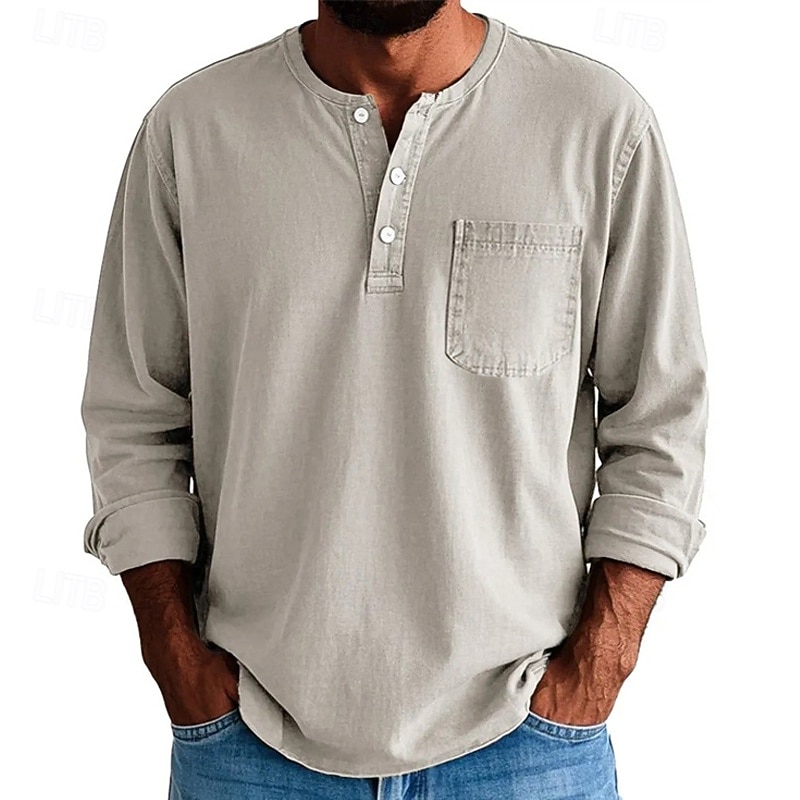 Men's T Shirt Henley Shirt Tee Tee Top Long Sleeve Henley Spring Fall Plain Fashion Designer Basic Pockets Vacation Street Going out Wine Black Yellow Top Tee for Men4