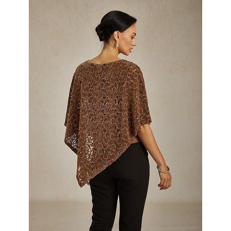 Women's Blouse Poncho Lace Tops Elegant Vintage Crew Neck Regular Tops Wedding Guest Party Evening Wear Evening Party Sequins Illusion Lace Brown Spring Fall2