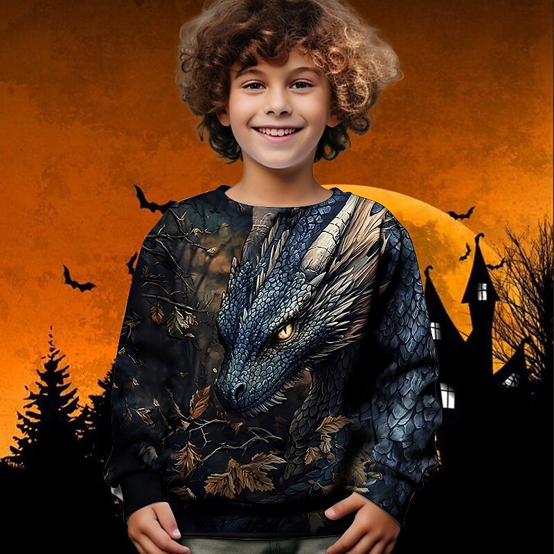 Halloween Boys' 3D Dragon Sweatshirt Long Sleeve Spring Fall Fashion Basic Kids 4-12 Years Crew Neck Outdoor Casual Daily Regular Fit4