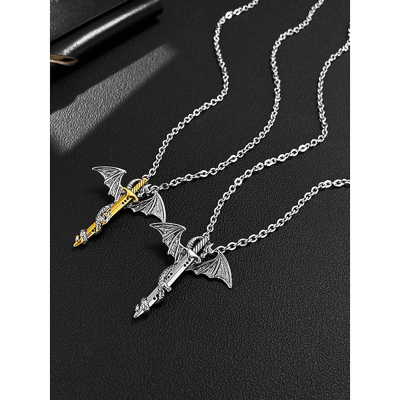 Men's Halloween Dragon Sword Necklace – Gothic Stainless Steel Winged Pendant Jewelry for Cosplay, Parties & Streetwear4