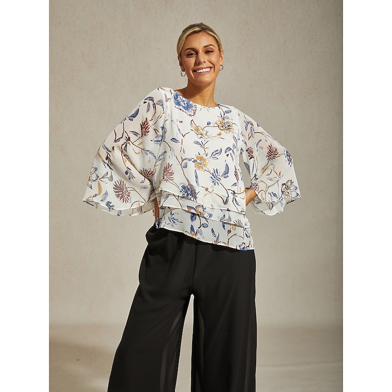 Women's Floral Print Layered Top with Bell Sleeves – Loose Fit Tiered Blouse in Lightweight Crepe Fabric