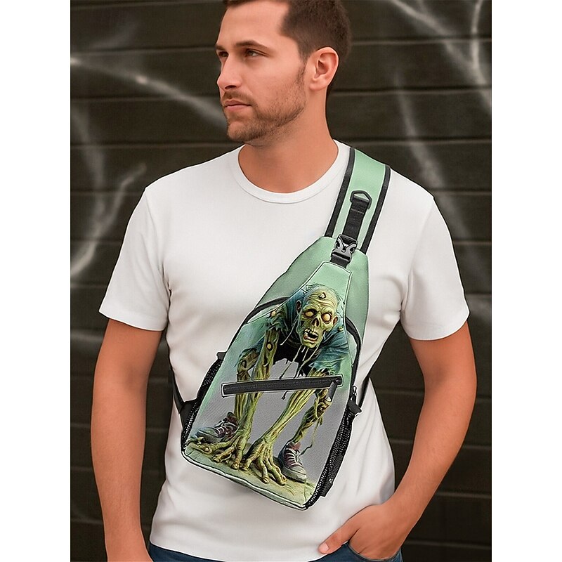 Men's Halloween Crossbody Sling Bag with Zombie and Skull Print, Casual Shoulder Chest Bag for Parties, Festivals and Daily Use2