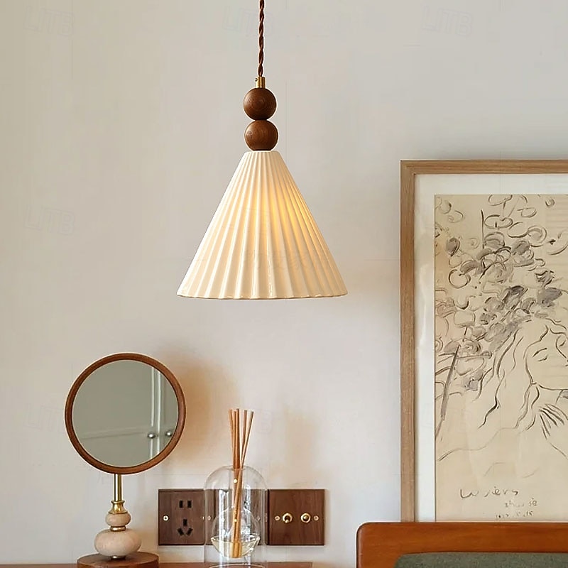 Pleated Fabric Tapered Pendant Light, Ceramic Wood Pendant Light, Hanging Lamp for Dining Room, Restaurant, Bar, Bedroom 85-265V4