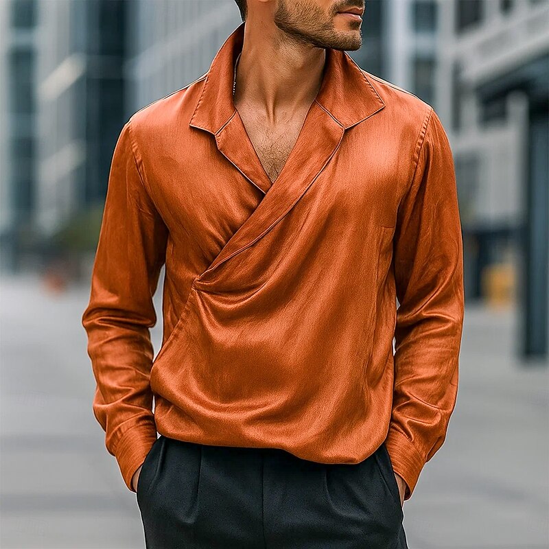 Men's Shirt Satin Shirt Dress Shirt Casual Shirt Button Up Shirt Prom Shirt Plain Formal Wedding Black Royal Blue Orange Green Long Sleeve V Neck All Seasons Clothing Apparel2