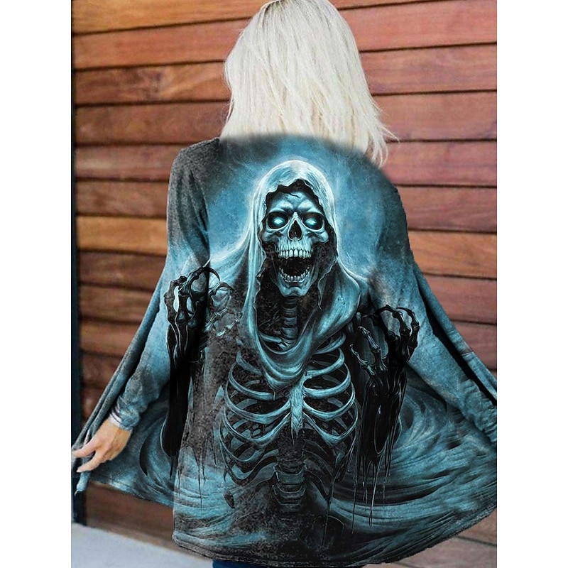 Women's Coat Lightweight Comfortable Print Vintage Artistic Casual Halloween Skull Casual Long Collarless Regular Fit Long Sleeve Outerwear Blue Purple Green Spring Fall2