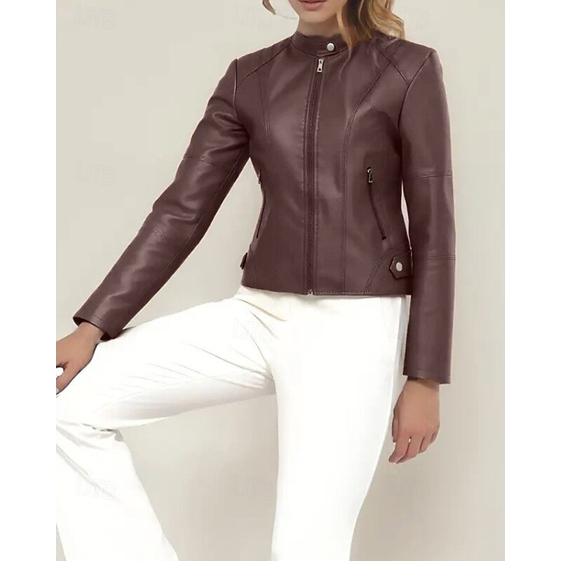 Women's Faux Leather Jacket Comfortable Zipper Pocket Casual Plaid Vacation Going out Weekend Short Stand Collar Regular Fit Long Sleeve Outerwear Black Red Camel Fall Winter4