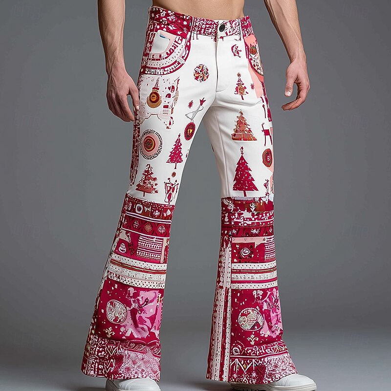 Christmas Men's Floral Print Fireworks Christmas Costume Disco Pants 60s 70s Bell Bottoms Mid Waist Western Vintage Retro Outdoor Holiday Side Pockets Flared Leg Pants Trousers Spring Fall 3D Print2