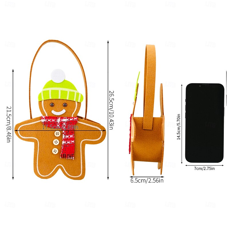 4PCS Christmas Gingerbread Gift Bags, Double-Sided Cartoon Gingerbread Man Tote Bags, Holiday Candy Bags for Kids, Xmas Party Favor Bags3