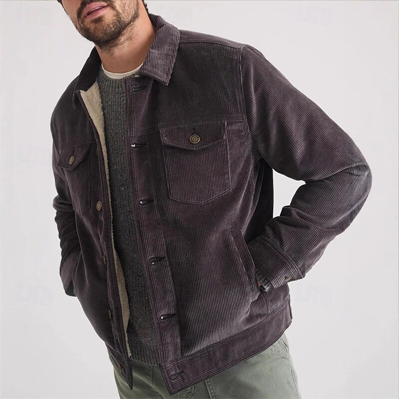 Men's Winter Jacket Corduroy Jacket Fleece Jacket Cargo Jacket Vacation Daily Thermal Warm Pocket Fleece Fall Winter Plain Fashion Streetwear Lapel Regular Coffee Jacket3