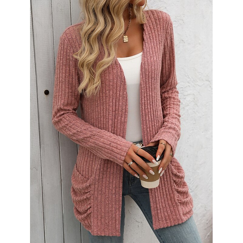 Women's Winter Coat Comfortable Breathable Pocket Open Front Elegant Casual Plain Vacation Street Casual Daily Wear Open Front Regular Collarless Regular Fit Long Sleeve Outerwear Pink Red Blue