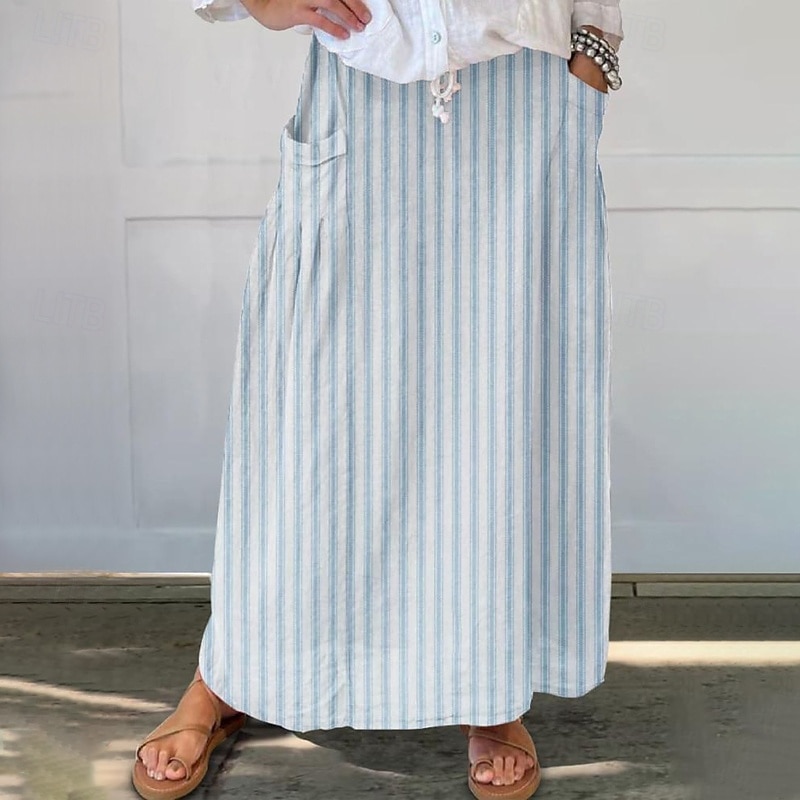 Women's Skirt Casual Maxi Mid Rise Skirts Striped Pocket Micro-elastic Vacation Street Sky Blue Brown Beige Grey Spring Polyester2