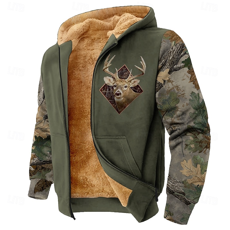 Men's Camo Camouflage Deer Fleece Hoodie Jacket Classic Military Crew Neck Outdoor Camping Black Brown Zip Up Fall Winter Designer