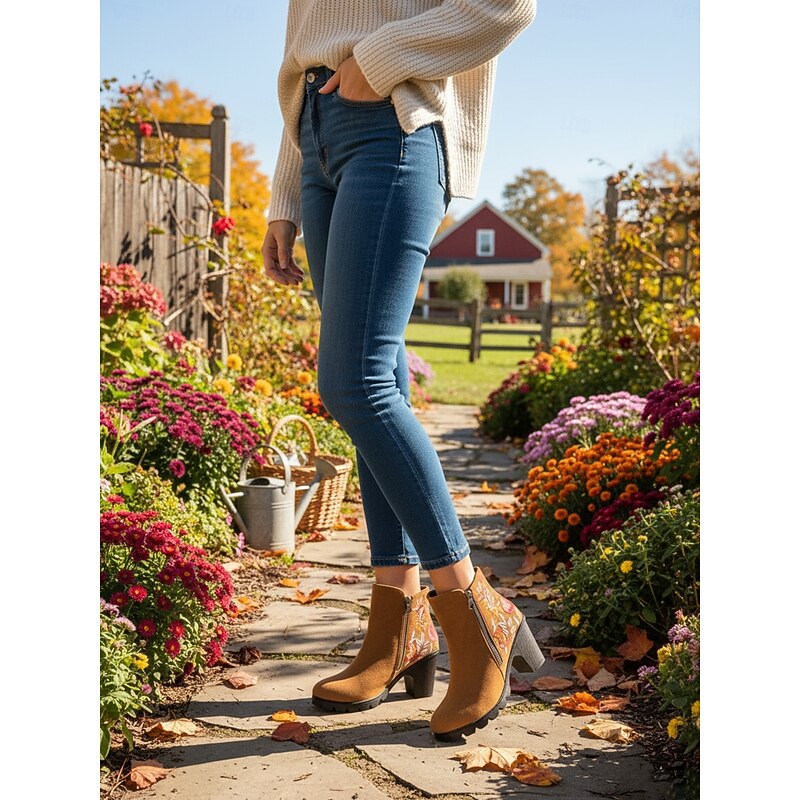 Women's Brown Floral Embroidered Ankle Boots with Zipper Closure, Chic and Comfortable, Perfect for Casual Outings, Fall Gatherings and Outdoor Activities4