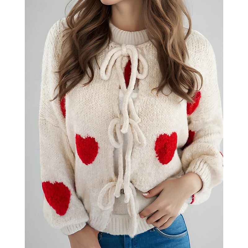 Women's Sweater Cardigan Streetwear Casual Heart Fruit Crew Neck Knitted Print Long Sleeve Regular Tops Knit Daily Holiday Going out Pink Dusty Rose Fall Winter
