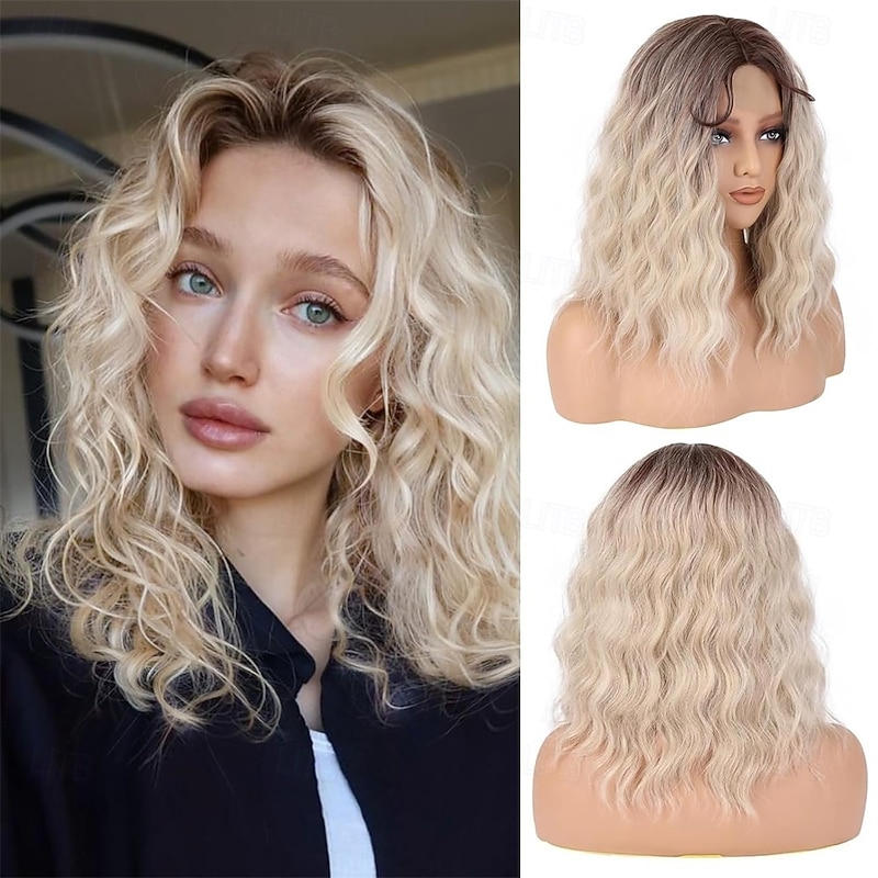 Ombre Walnut Brown to Ash Blonde Wigs for Women 16 Inch Medium Length Middle Part Curly Wavy Wig Natural Looking Synthetic Hair Wig for Daily Party/Halloween Use 16IN Ombre Walnut Brown to Ash Blonde