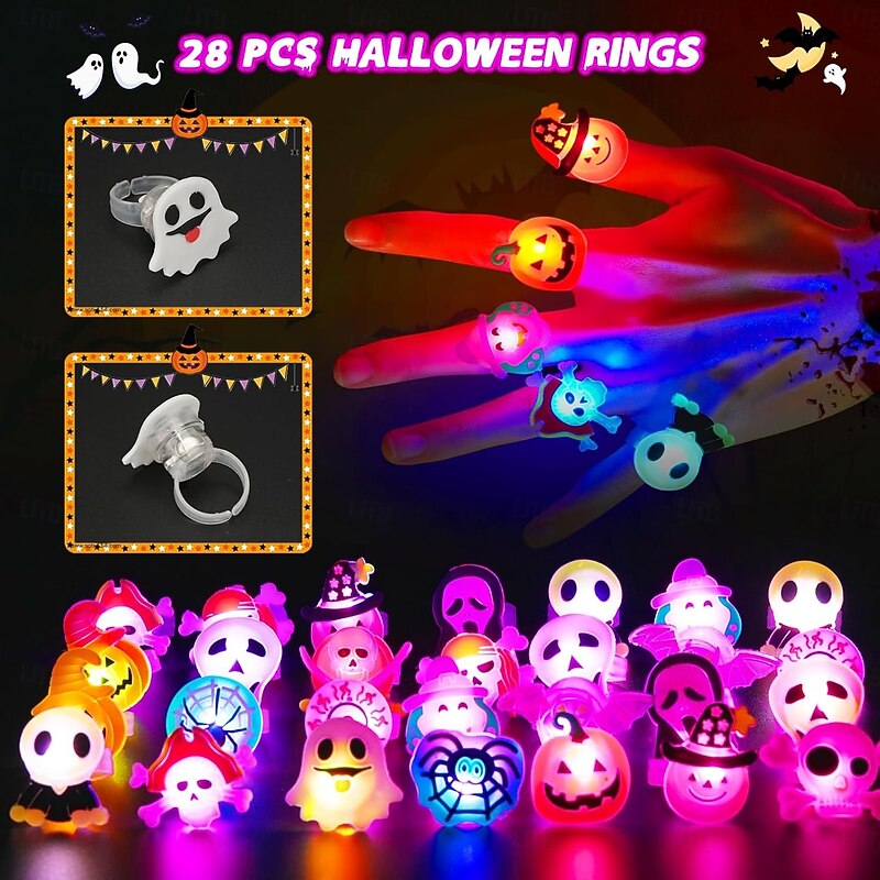 Halloween Light Up Rings 50Pcs Halloween Party Favors for kid Light Up Treat Glowing LED Ring for Kids Adults4