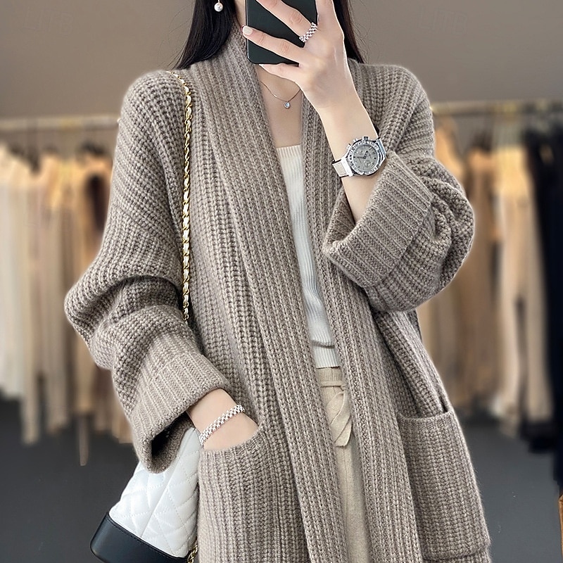 Women's Sweater Cardigan Streetwear Casual Solid Color Shirt Collar Pocket Knitted Long Sleeve Long Tops Knit Holiday Going out Weekend Camel Beige Fall Winter3