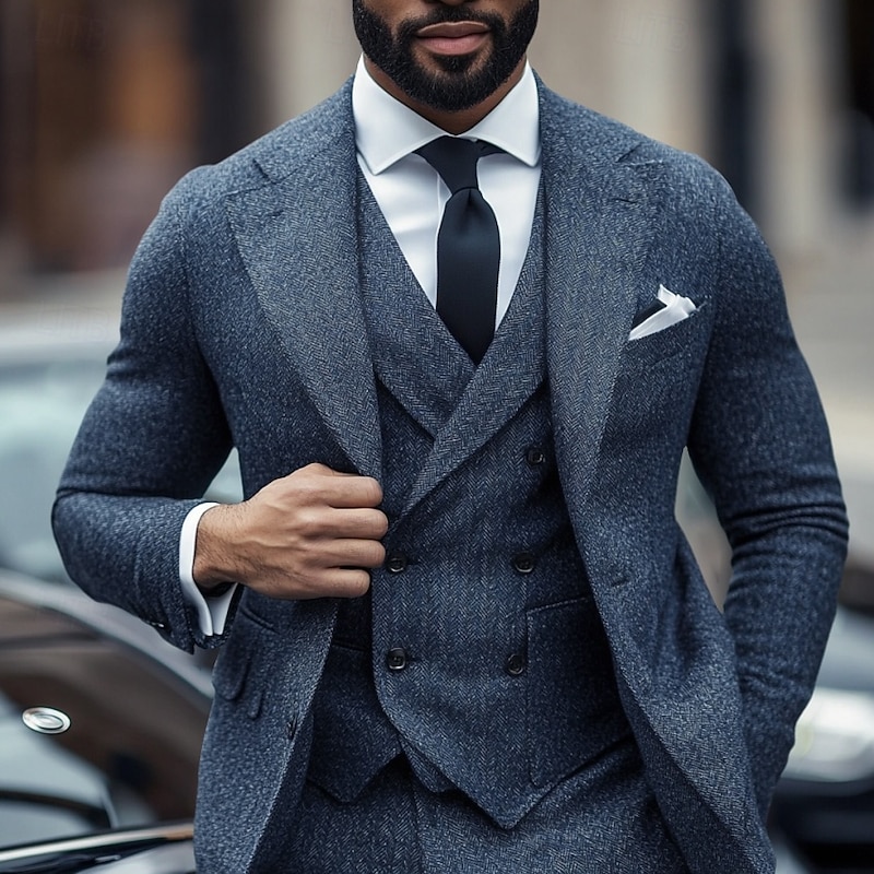 Men's Business Casual Tweed Suits Notch Lapel Dark Blue Formal Herringbone Slim Fit 3 Piece Single Breasted Two-buttons