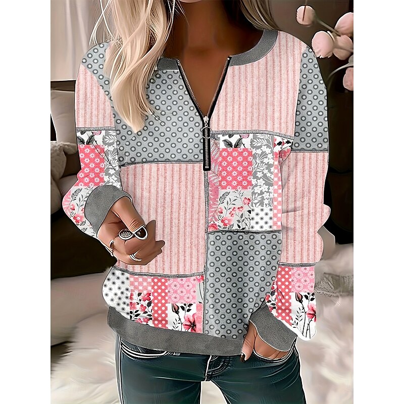 Women's Pullover Sweatshirt Zip Up Sweatshirts Floral Graphic Geometric Fashion Casual Long Sleeve Crew Neck Regular Tops Street Dailywear Zipper Print Light Pink Fall Winter