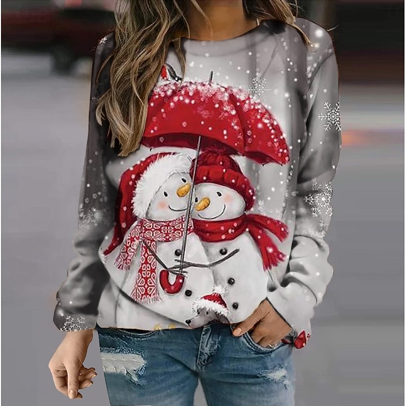 Women's Pullover Sweatshirt Hoodies Graphic Snowman Christmas Fashion Casual Long Sleeve Crew Neck Regular Tops Street Dailywear Casual Print Pink Blue Dark Blue Gray Fall Winter